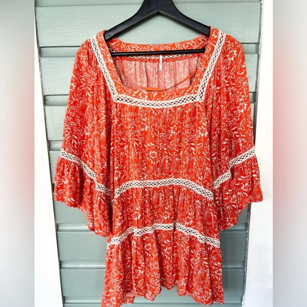 Free People Talk About It tunic top coral pop orange square neck floral boho M